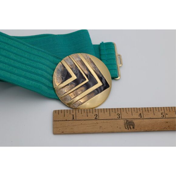 Vintage Charmant Stretch Belt Gold Enamel Buckle Green Elastic Art Deco‎ 70s